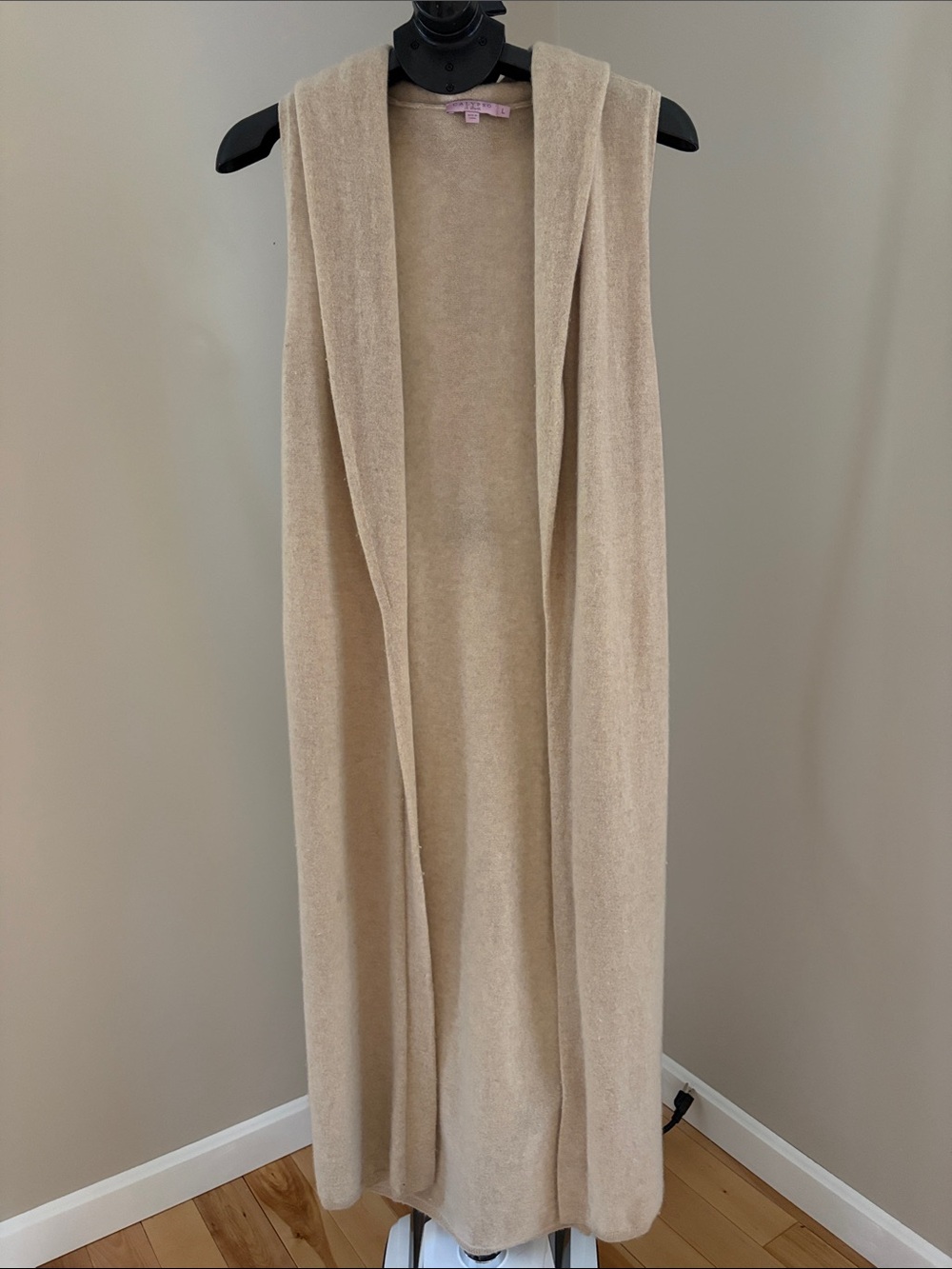 Calypso St Barth 100% Cashmere Long Duster Vest Sweater Tan L FLAW